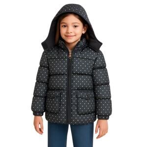 Pink Platinum Puffer Coat Girls 14/16 Black Gold Metallic Foil Hooded Winter